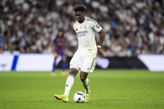 Aurelien Tchouameni of Real Madrid CF in action during the Spanish League, LaLiga EA Sports, football match played between Real Madrid C.F. and FC Barcelona at Santiago Bernabeu stadium on October 26, 2025, in Madrid, Spain.