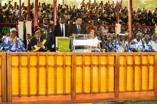 YAOUNDE, Oct. 7, 2025  -- Paul Biya (C), President of Cameroon and candidate of the Cameroon People's Democratic Movement (CPDM), delivers a speech during a campaign rally in Maroua, chief town of the Far North Region, Cameroon, Oct. 7, 2025. Cameroonian 