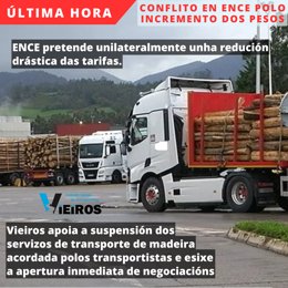 Camiones cargados de madera a pie de fábrica.