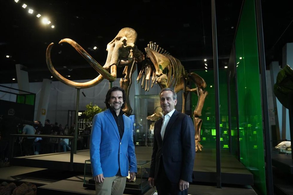 El responsable de Exposiciones y Actividades de Ciencia de la Fundación La Caixa, Javier Hidalgo, y el director del CosmoCaixa, Valentí Farrs, ante el ejemplar de mamut lanudo