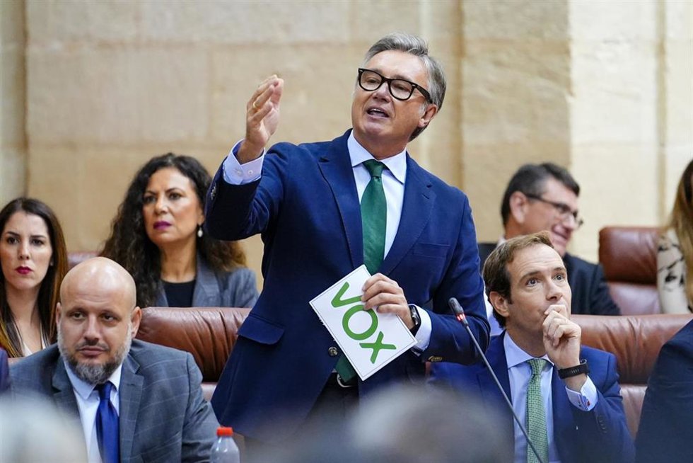 El portavoz del grupo parlamentario Vox en Andalucía, Manuel Gavira, interviene durante la sesión de control en el pleno del Parlamento andaluz. A 23 de octubre de 2025. (Foto de archivo).