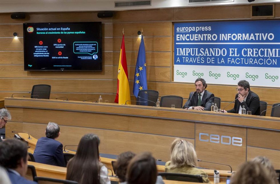 El director general de Sage Iberia, José Luis Martín Zabala, durante el Encuentro Informativo Unlocking growth. Frictionless trade for smes powered by e-invoicing and AI, organizado por Europa Press y Sage, en la sede de la CEOE.