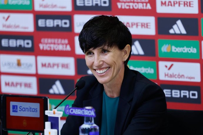 Sonia Bermudez, head coach of Spain, attends a press conference to announce the squad list for the UEFA Women's Nations League Semi-final match against Sweden at Ciudad del Futbol on October 17, 2025, in Las Rozas, Madrid, Spain.