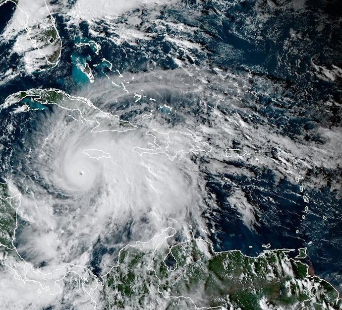 October 27, 2025, Jamaica, Caribbean Sea, Caribbean Sea: Hurricane Melissa strengthened into a Category 5 storm Monday as it approaches Jamaica. Forecasters said it could unleash catastrophic flooding  and landslides.