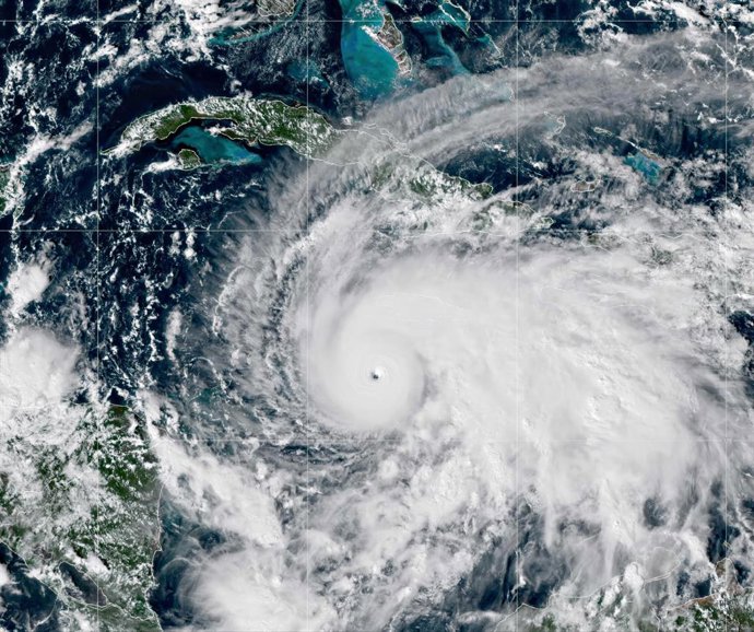 October 27, 2025, Caribbean Sea, Jamaica: The NOAA NESDIS GOES-19 satellite image showing Hurricane Melissa, a category 5 storm approaching the southern coast of Jamaica at 1900 GMT, October 27, 2025 in the Caribbean Sea. Melissa is packing winds of 175-m