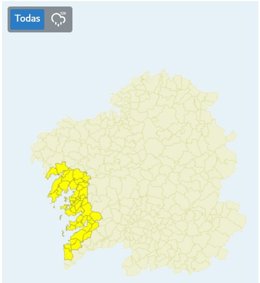 La costa de Pontevedra y el suroeste de A Coruña, el aviso amarillo este martes por acumulación de lluvia