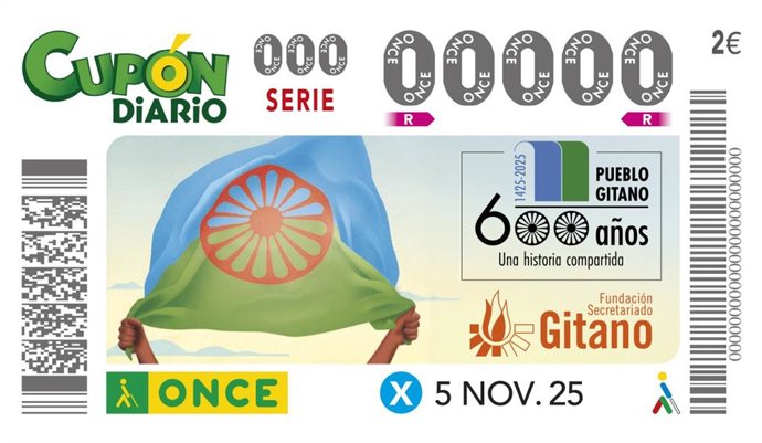 Cupón de la ONCE dedicado a los 600 años de la llegada a España del Pueblo Gitano.