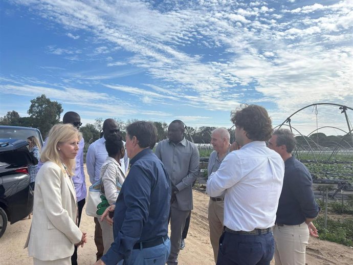La subdelegada del Gobierno en Huelva, María José Rico, visita, junto a autoridades senegalesas, a trabajadores del país africano que ya se han incorporado a la campaña agrícola de Huelva.