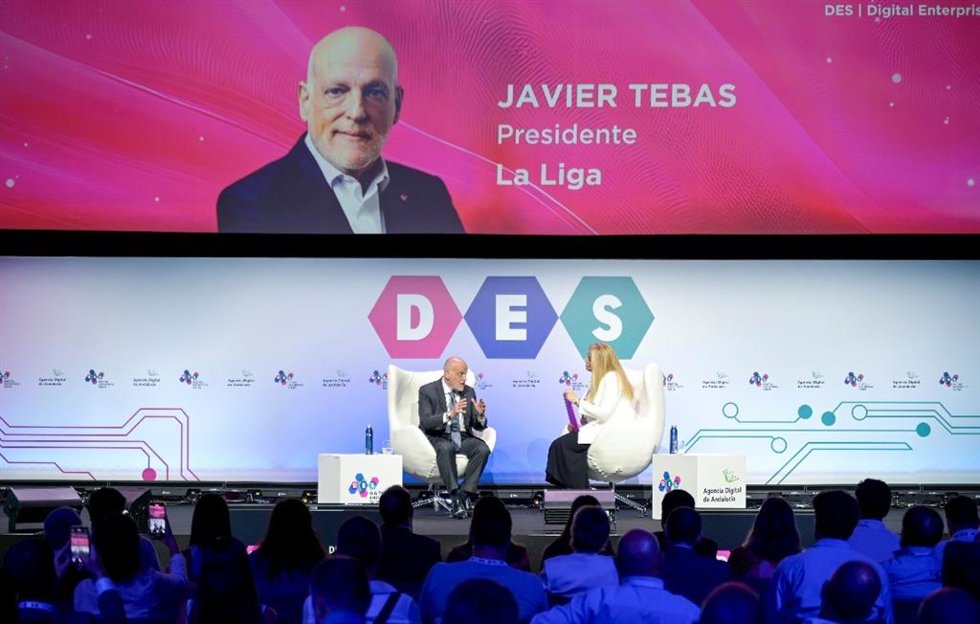 Archivo - Javier Tebas durante un foro para hablar de la lucha contra la piratería audiovisual