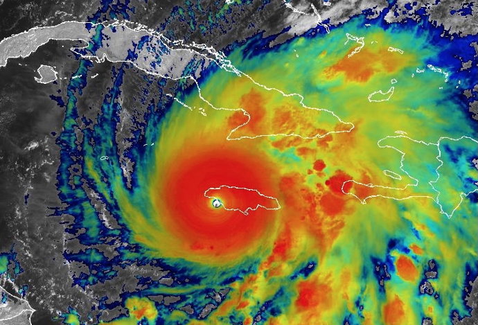 October 28, 2025, Caribbean Sea, Jamaica: The NOAA NESDIS GOES-19 satellite image showing Hurricane Melissa, a category 5 storm making landfall on the island of Jamaica at 1010 GMT, October 28, 2025 in the Caribbean Sea. Melissa is packing winds of 175-mp