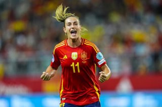 Alexia Putellas of Spain celebrates a goal during the UEFA Women's Nations League 2025 Semi-Final first leg match between Spain and Sweden at La Rosaleda Stadium on October 24, 2025 in Malaga, Spain