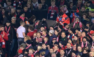 28 October 2025, Brandenburg, Cottbus: Paramedics are on duty in the Cottbus fan block during the German DFB Cup 2nd round soccer match between FC Energie Cottbus and RB Leipzig at Stadion der Freundschaft. Photo: Robert Michael/dpa - WICHTIGER HINWEIS: G