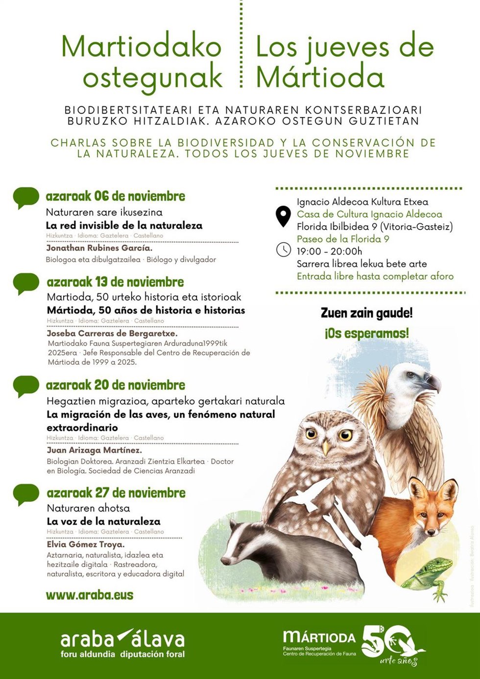 Mártioda acoge animales silvestres heridos o debilitados para curarlos y tras un proceso de recuperación y rehabilitación, devolverlos a la naturaleza