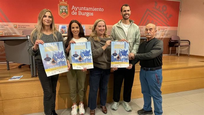 La concejala de deportes, Carolina Álvarez; la atleta Lidia Campo; la alcaldesa de Burgos, Cristina Ayala; el atleta Dani Arce; y el entrenador y organizador, Benjamín Álvarez Furones.