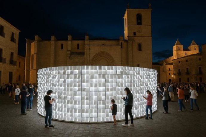 Recreación de la instalación 'En hojas blancas' que se colocará en la plaza de Santa María de Cáceres para impulsar la Capitalidad Cultural de 2031 con los mensajes de los ciudadanos