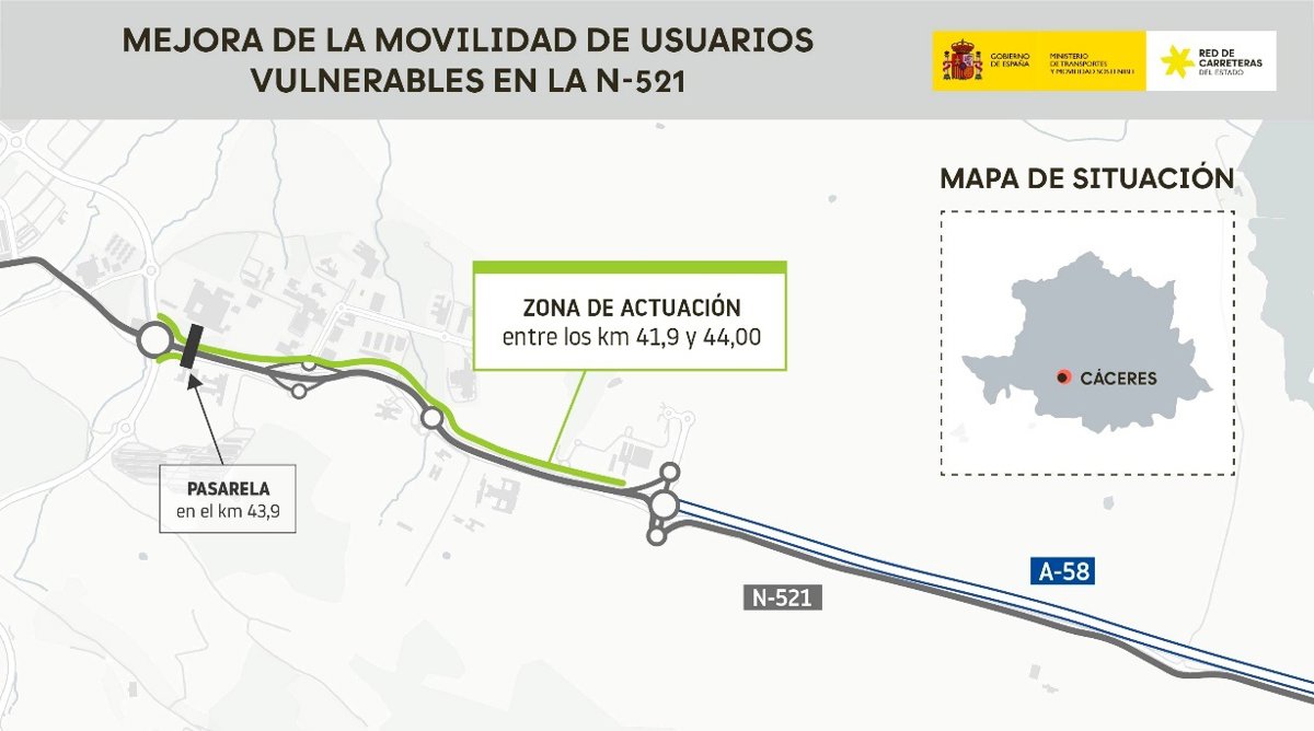 El Ministerio de Transportes aprueba el proyecto de trazado para una vía ciclista y una pasarela en la N-521 en Cáceres