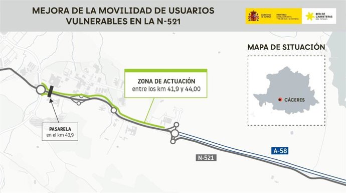 Cartel de la actuación de mejora de seguridad de ciclistas y peatones en Cáceres