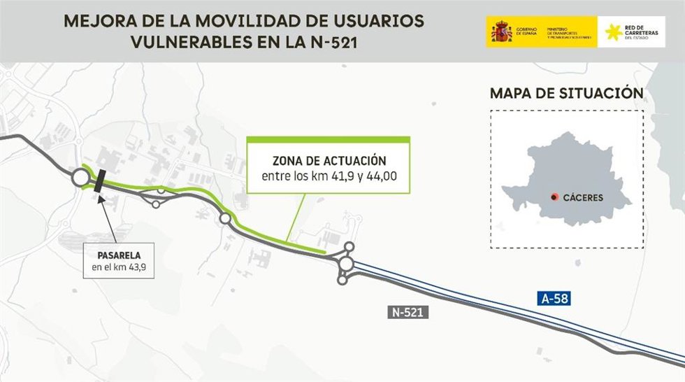 Cartel de la actuación de mejora de seguridad de ciclistas y peatones en Cáceres