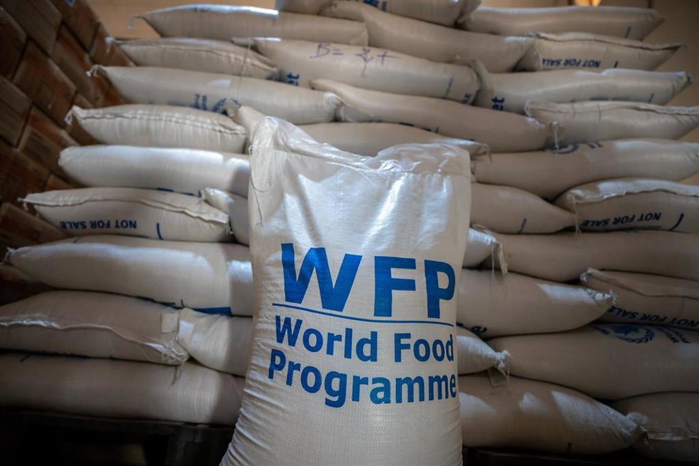 Archivo - Sacos con ayuda del Programa Mundial de Alimentos (PMA) en un almacén.