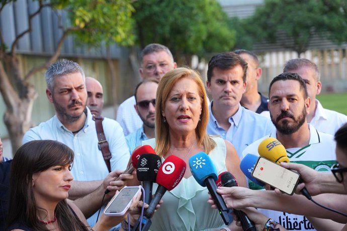 Archivo - La alcaldesa de Osuna y portavoz del Grupo Socialista en la Diputación, Rosario Andújar, atiende a los medios de comunicación en foto de archivo. 