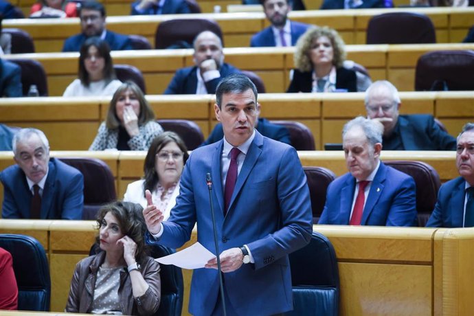 Archivo - El presidente del Gobierno, Pedro Sánchez, interviene durante una sesión de control al Gobierno, en el Senado, a 12 de marzo de 2024, en Madrid (España).