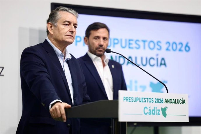 El consejero de Sanidad, Antonio Sanz, este miércoles en Cádiz en la presentación provincial del proyecto de Presupuesto de la Junta para 2026.