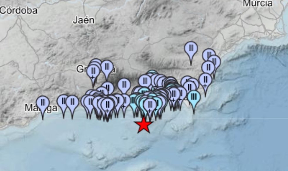 Mapa de las zonas en las que se ha percibido el terremoto.