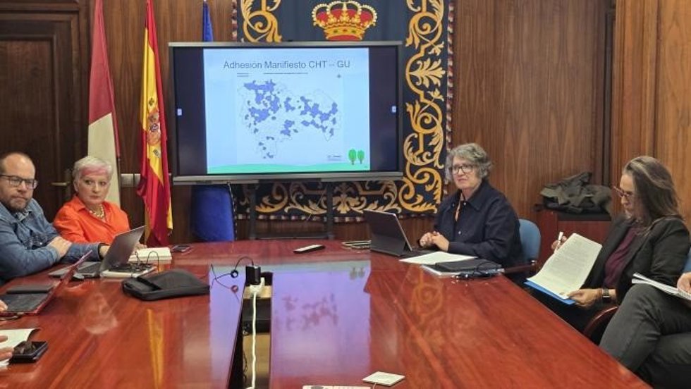 La consejera de Desarrollo Sostenible, Mercedes Gómez, tras la reunión con representantes de los municipios, EATIM, asociaciones y mancomunidades firmantes.