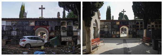 Comparativa entre el antes y el después del cementerio de Sedaví tras un año del paso de la dana.