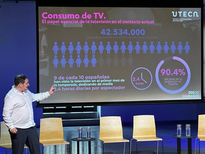 El consejero delegado de Dos3, Chema García, presenta los resultados del 'Barómetro sobre la percepción de la publicidad en TV' en la jornada anual de Uteca 2025, en Madrid.