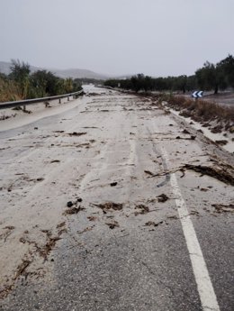 Carretera de la provincia de Córdoba afectada por los efectos del temporal provocado por la borrasca Benjamín.