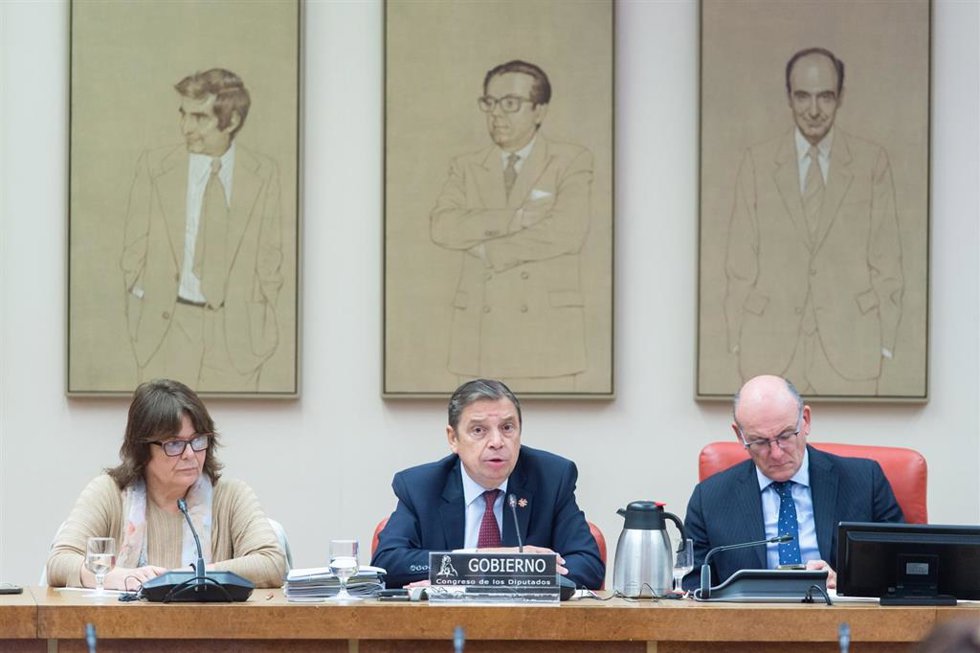 El ministro de Agricultura, Pesca y Alimentación, Luis Planas (c), comparece ante la Comisión de Agricultura, Pesca y Alimentación, en el Congreso de los Diputados 