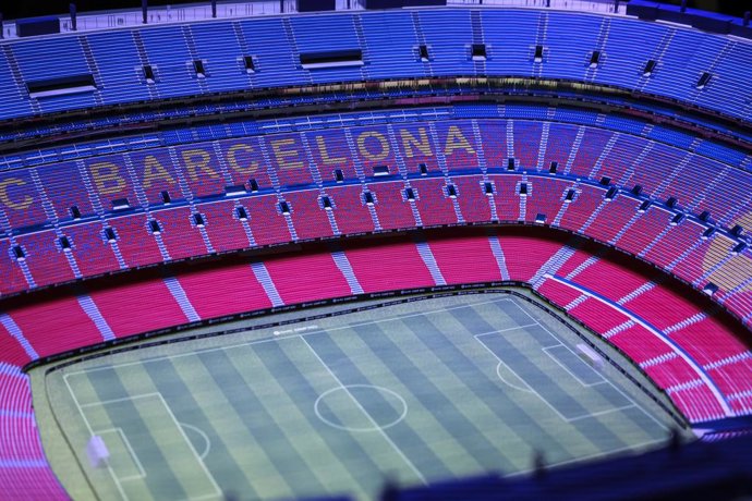 view of the model of the Spotify Camp Nou Stadium during his renovation as player of FC Barcelona at Commercial Office on October 15, 2025 in Barcelona, Spain.