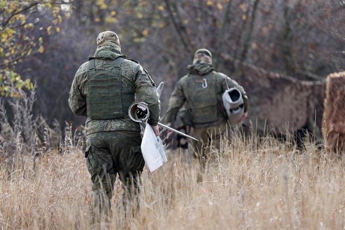 UKRAINE, KHARKOV REGION - OCTOBER 28, 2025: Orlan-10 reconnaissance drones are on combat duty with the West Group of the Russian Forces