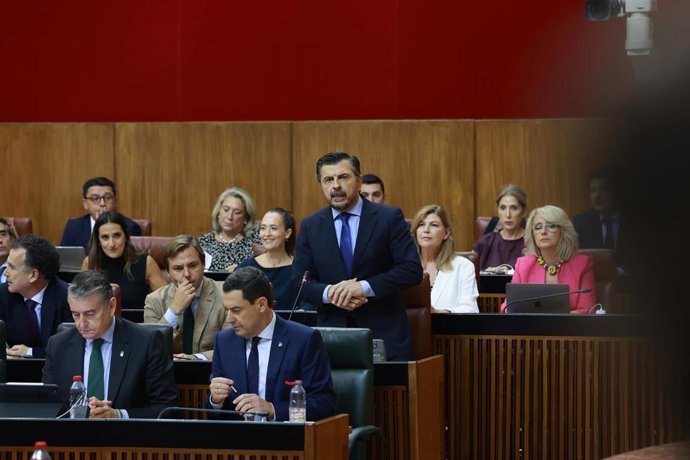 El portavoz del Grupo Parlamentario Popular, Toni Martín, interviene durante la sesión de control en el pleno del Parlamento andaluz. (Foto de archivo).