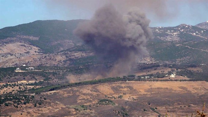 NABATIEH, Oct. 30, 2025  -- This photo taken on Oct. 30, 2025 shows smoke rising following Israeli airstrikes targeting the outskirts of Nabatieh in southern Lebanon.