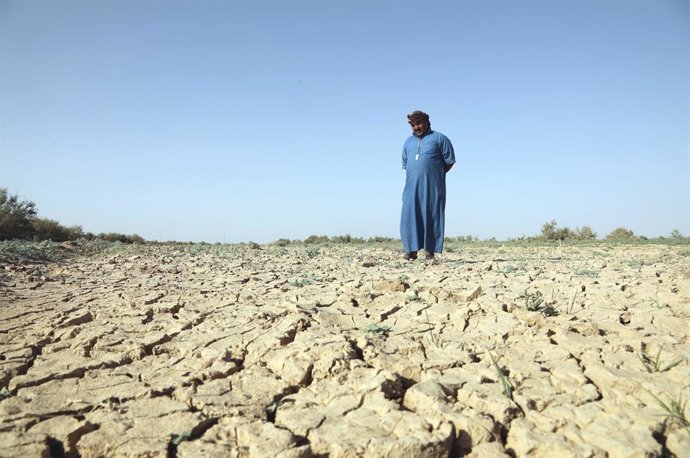 Archivo - SALAHUDIN, June 16, 2022  -- A farmer stands in the middle of his farm, which looks cracked as a result of drought and water scarcity, in Salahudin province, Iraq, June 14, 2022. TO GO WITH "Feature: Iraqi farmers face intensifying water crisis 