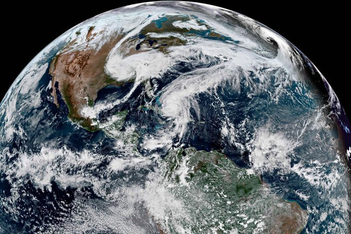 October 29, 2025, Caribbean Sea, Jamaica: The NOAA NESDIS GOES-19 satellite image at 1801 GMT, showing Hurricane Melissa, a category 2 storm as it heads into the open waters toward the Bahamas after crossing Eastern Cuba overnight, October 29, 2025 in the