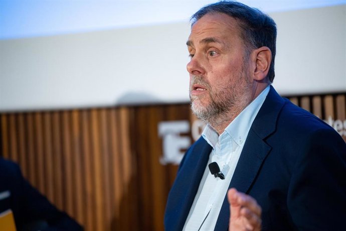 El presidente de ERC, Oriol Junqueras, durante el ciclo 'Converses del degà', en el Col·legi d'Economistes de Catalunya, a 23 de octubre de 2025, en Barcelona, Catalunya (España). Durante su intervención, Junqueras ha hablado sobre la financiación autonóm
