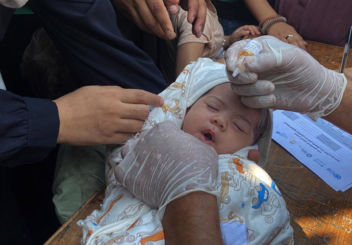 Archivo - Arquivo - Um bebê palestino recebe vacina contra a poliomielite na Cidade de Gaza, no norte da Faixa de Gaza.