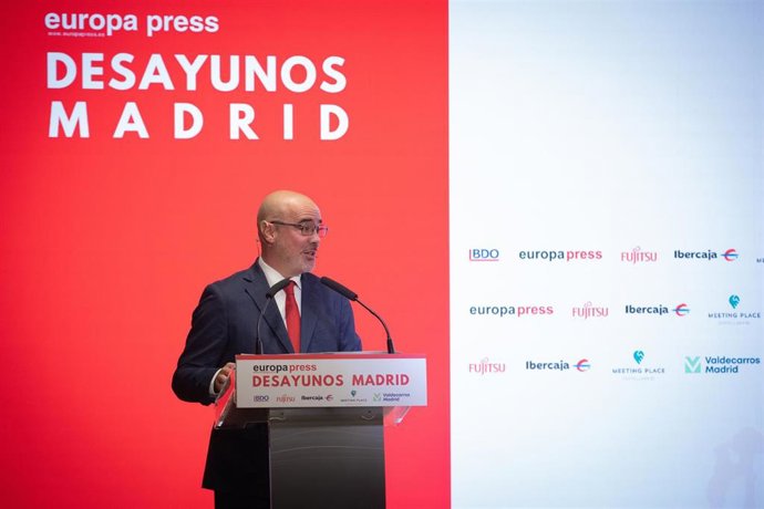 El Delegado del Gobierno en la Comunidad de Madrid, Francisco Martín Aguirre, durante un desayuno informativo organizado por Europa Press, en el Meeting Place, a 3 de noviembre de 2025, en Madrid (España).