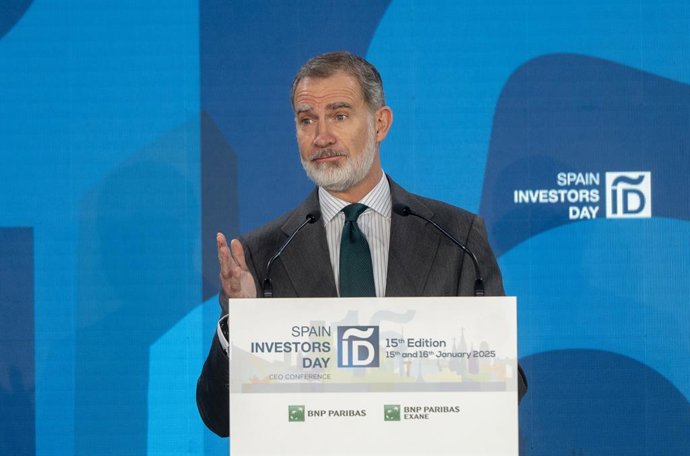 Archivo - El Rey Felipe VI interviene durante la XV Edición del Spain Investors Day (SID), en el Hotel Mandarín Oriental Ritz, a 15 de enero de 2025, en Madrid (España). 