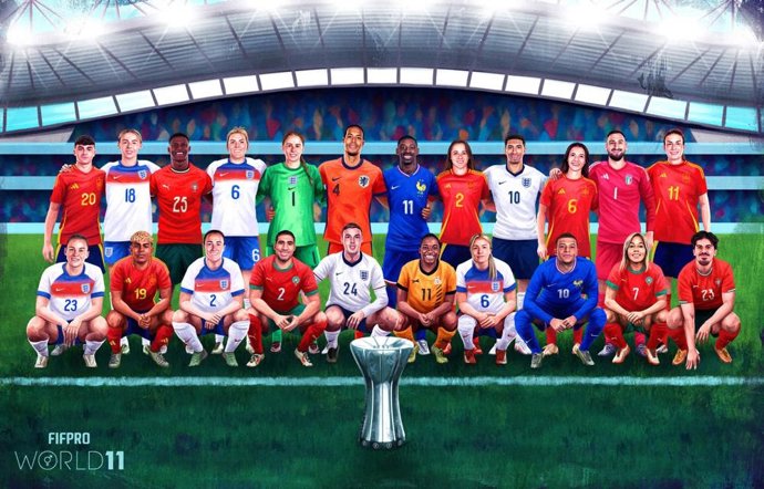 Imagem com os membros das melhores equipes masculina e feminina de 2025 da FIFPRO.