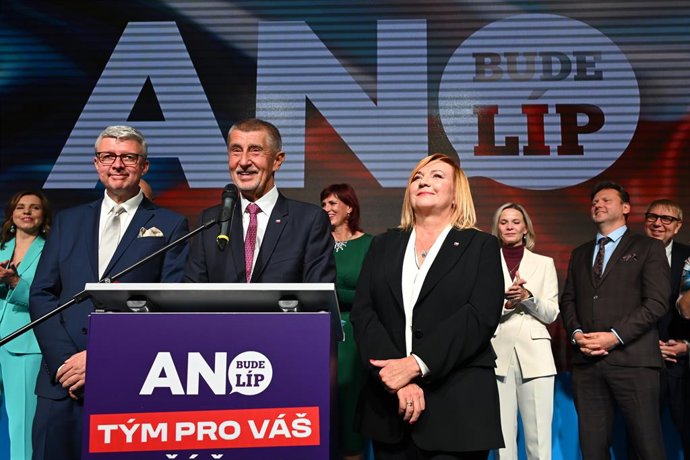 October 4, 2025, Prague, Czech Republic: Andrej Babis (middle), former Czech prime minister and leader of ANO party, Karel Havlicek (left) and Alena Schillerova (right) seen during a press conference at the election headquarter of ANO party after the Czec