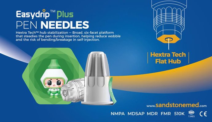 Sandstone Easydrip Plus pen needle features the patented Hextra Tech broad hub for improved stability and comfort.