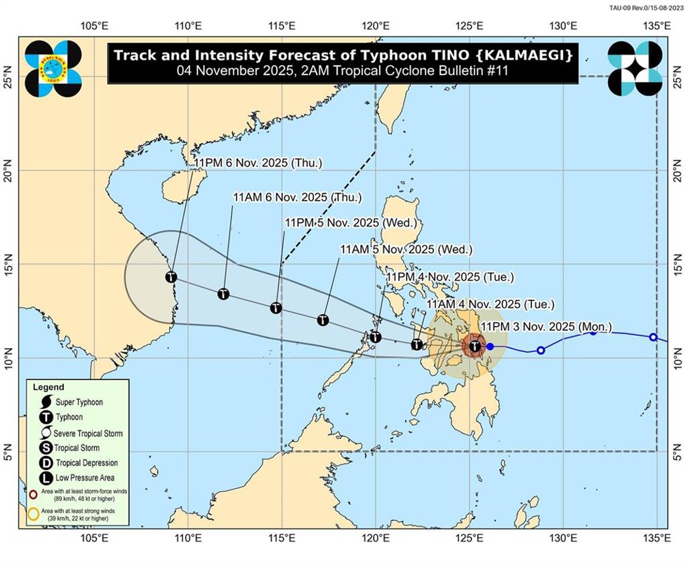 Trayectoria prevista del tifón 'Tino' a su paso por Filipinas