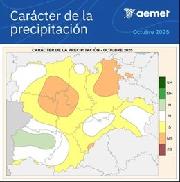Mapa elaborado por la Aemet sobre la evolución de las precipitaciones caídas en CyL en el mes de octubre