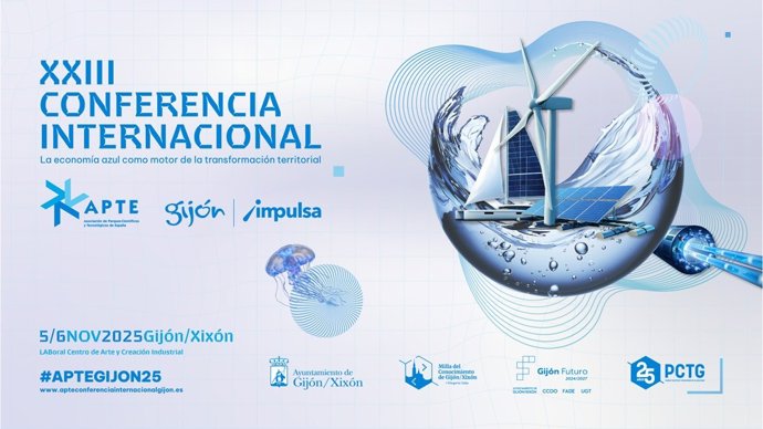 Cartel de la XXIII Conferencia Internacional de la Asociación de Parques Científicos y Tecnológicos de España (APTE) en Gijón.