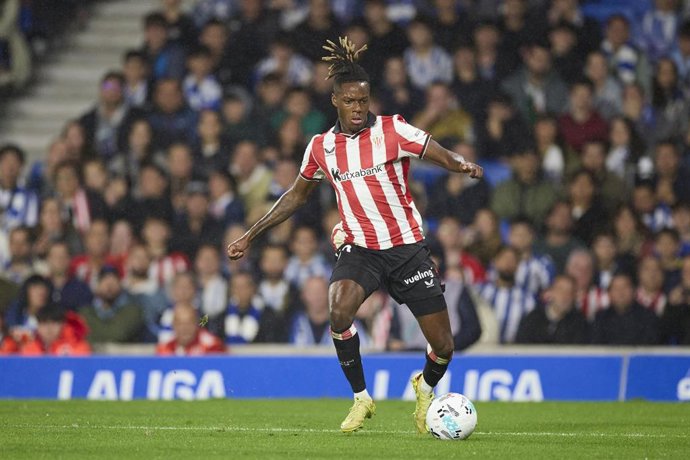 El jugador del Athletic Club Nico Williams durante el derbi vasco.