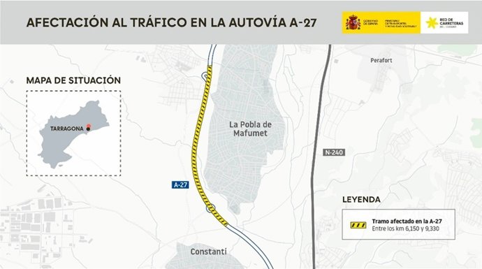 Archivo - Plano del corte de la A-27 entre Constantí y Pobla de Mafumet (Tarragona).